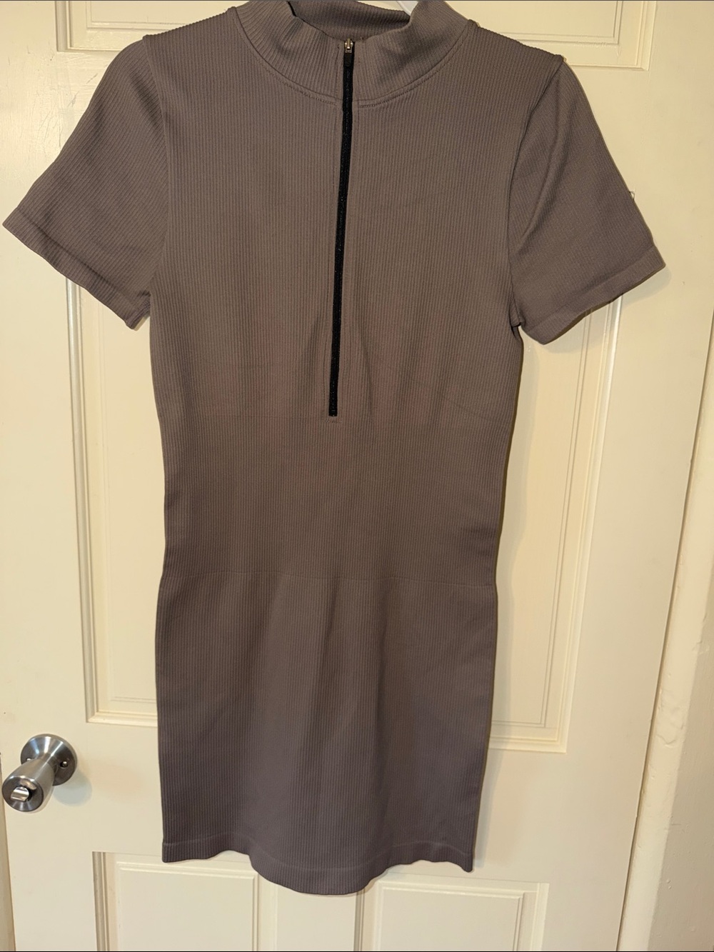 OQQ Zip-Front Short Sleeve Mini Dress in Taupe